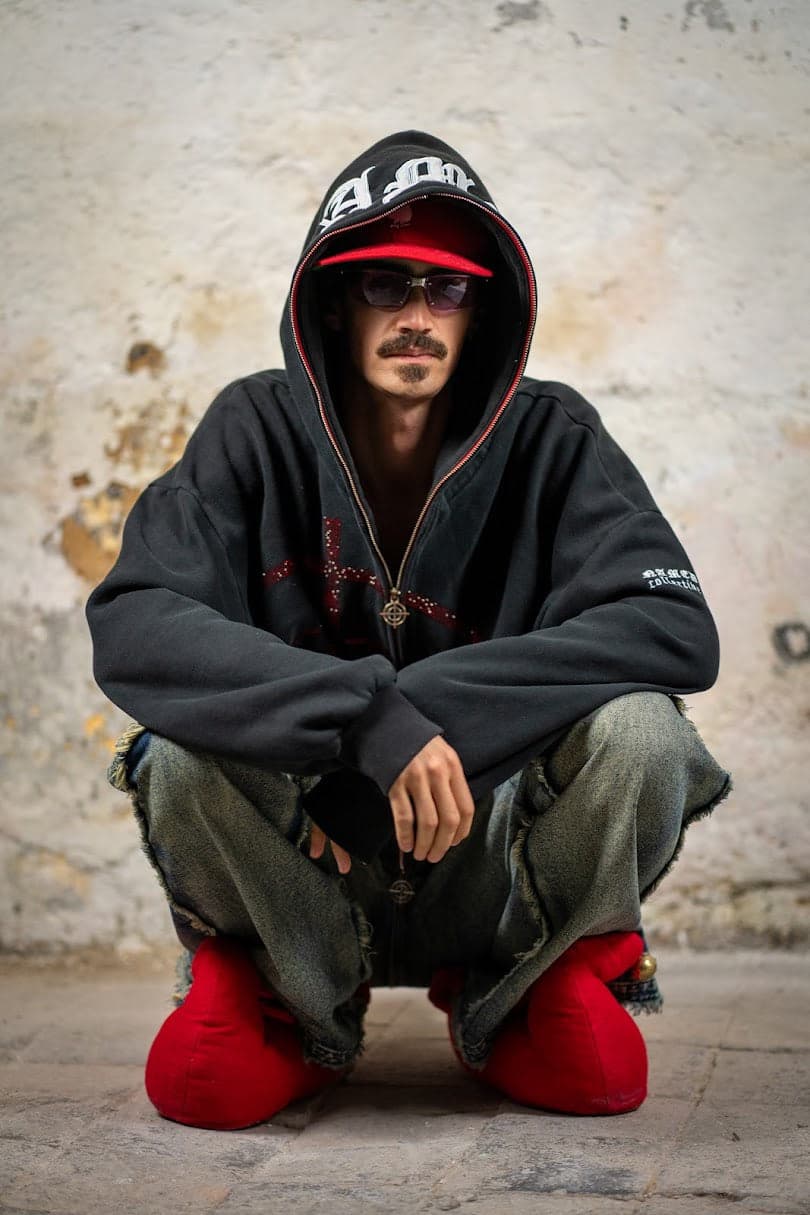 Hooded and seated, patched denim