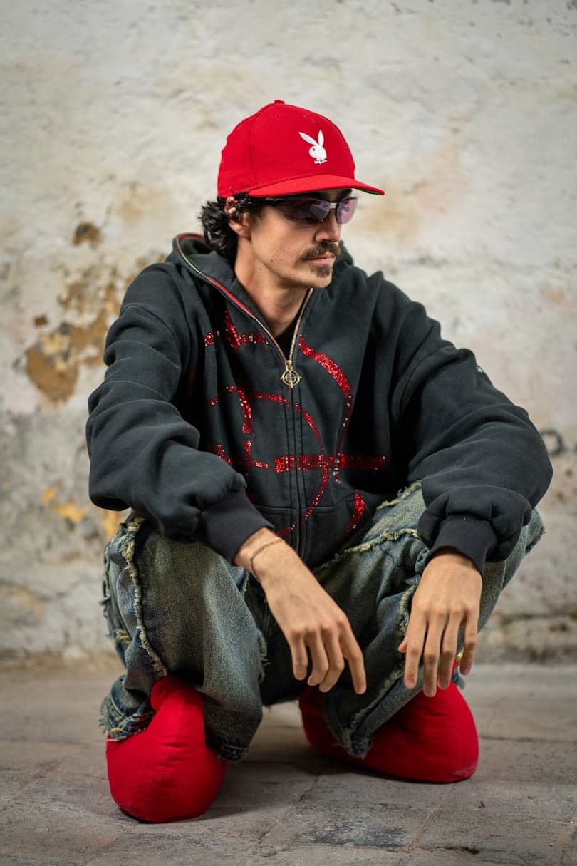 Red cap and sequinned hood, seated