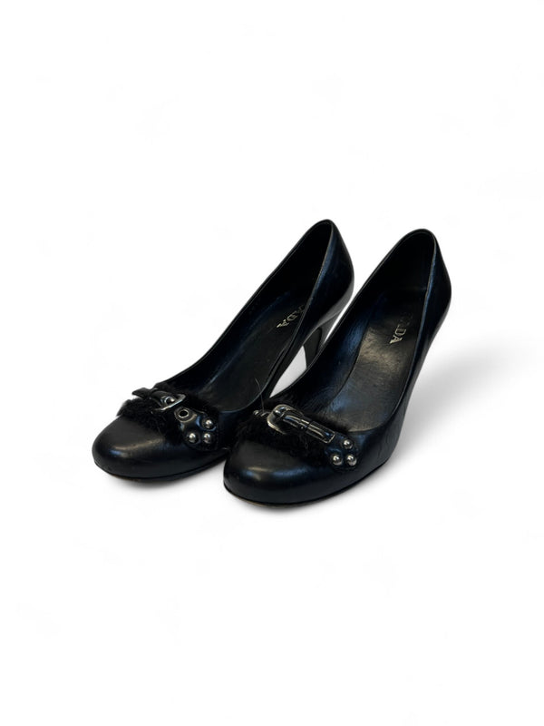 Prada - 37 1/2 Fur Heels Black Leather