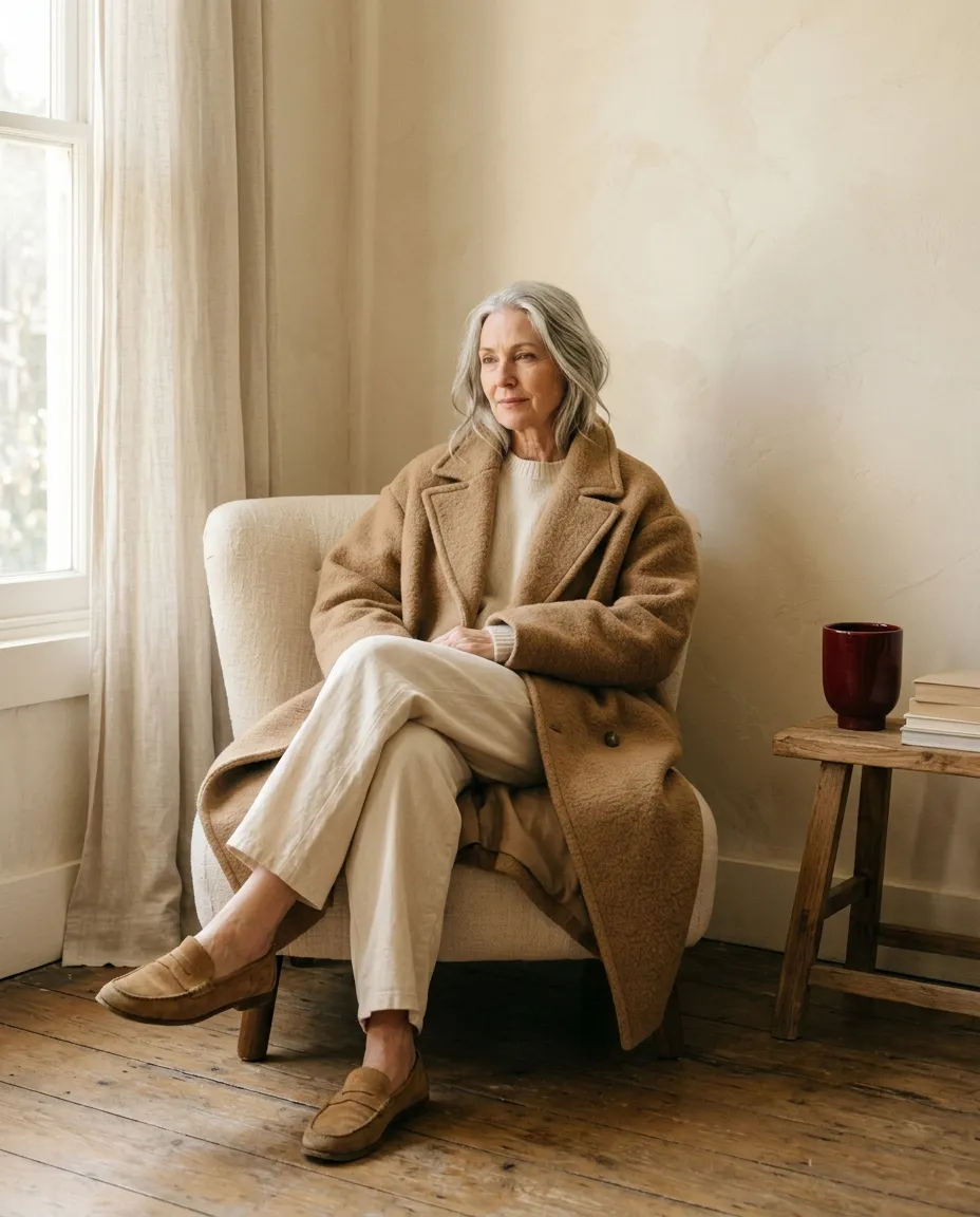 Illustration: a grey-haired woman in a camel wool coat seated on a linen chair