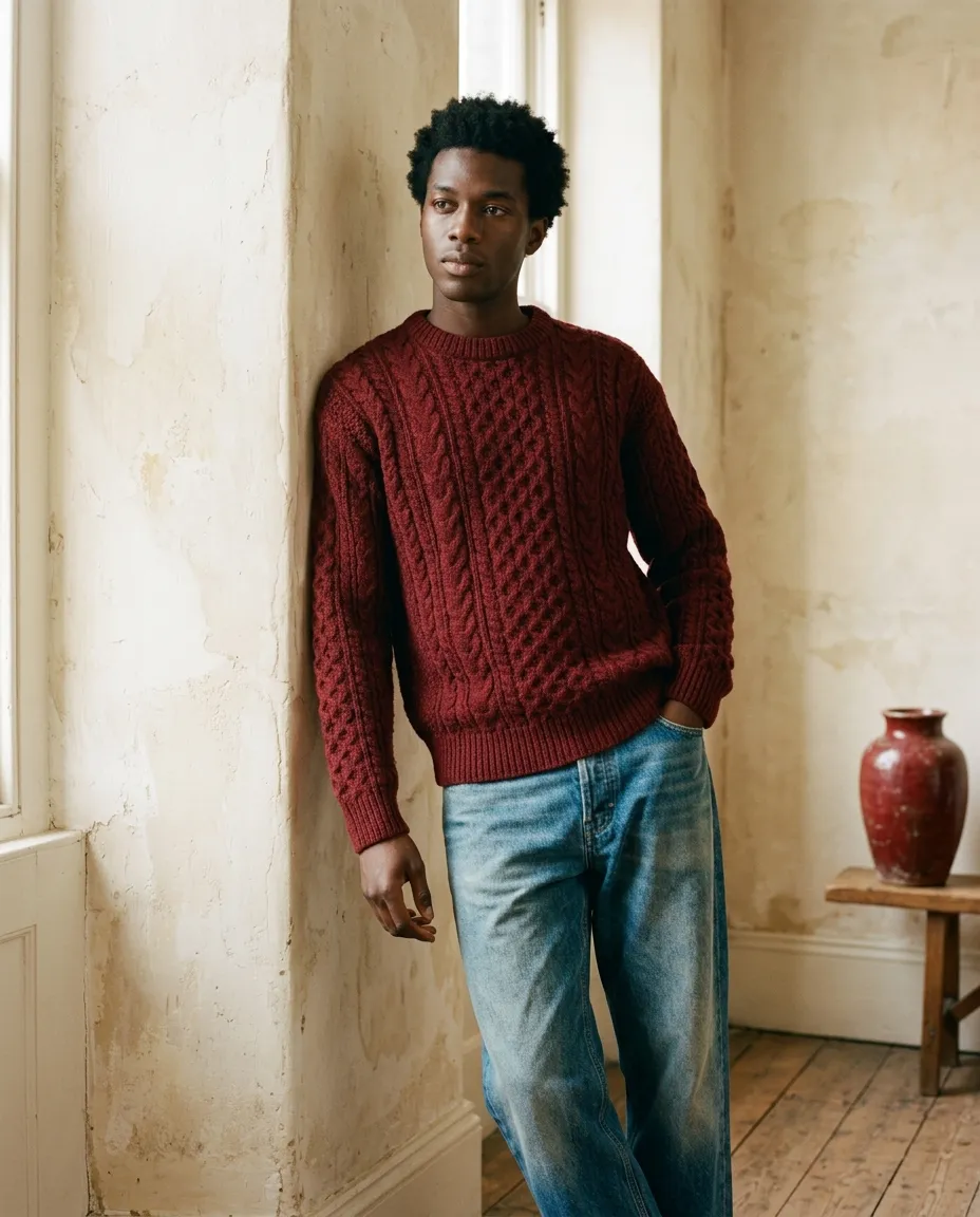 Illustration: a young man in an oxblood cable-knit jumper and faded jeans against a plaster wall