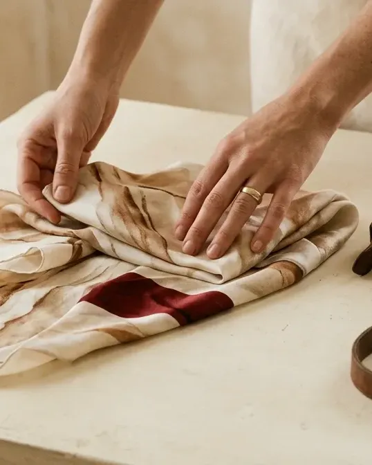 Illustration: hands folding a cream silk scarf beside a worn leather bag