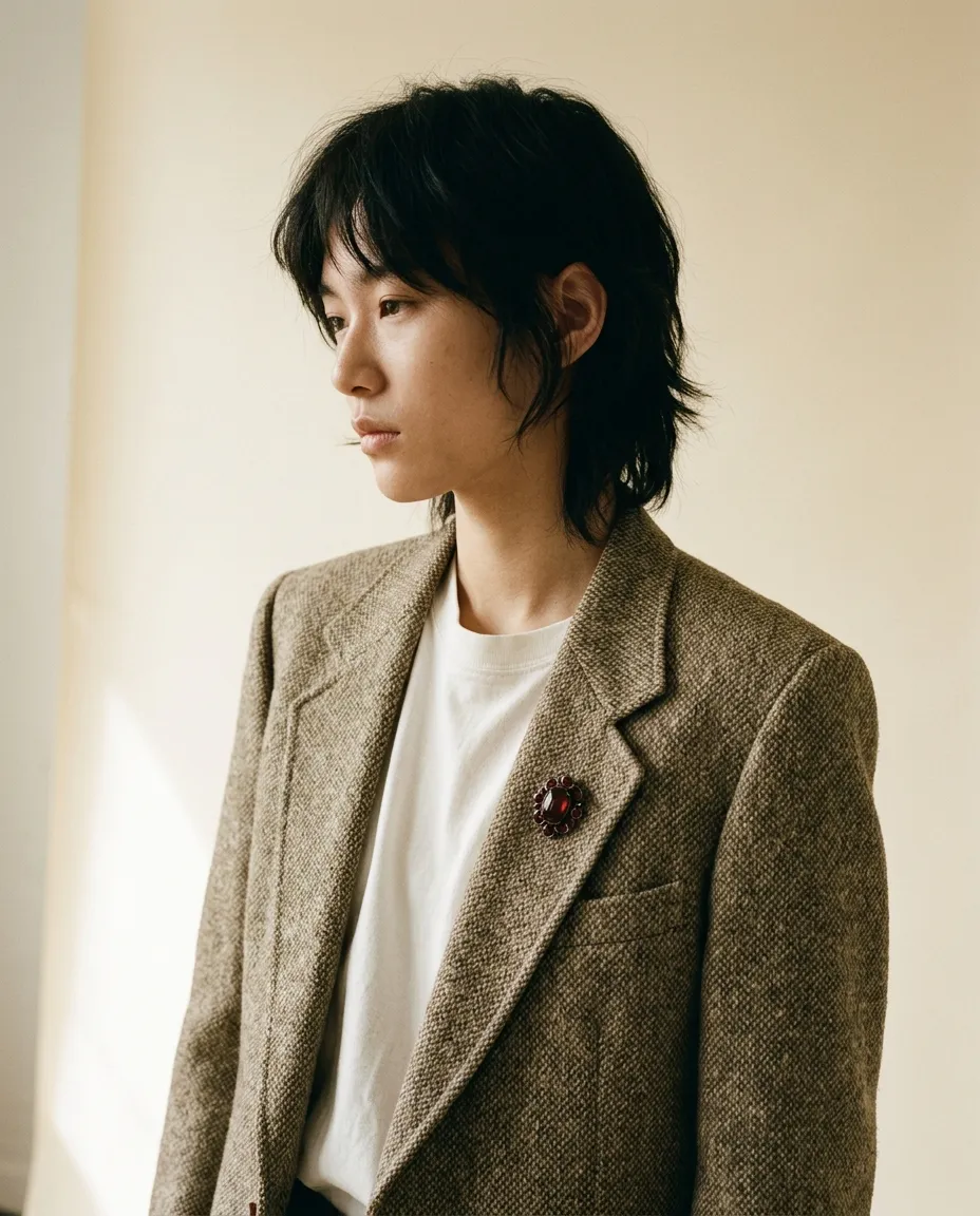 Illustration: a model in profile wearing a tweed blazer over a white tee
